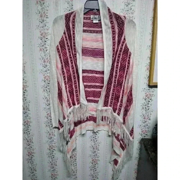 Two One Two 212 New York Open Front Cardigan Sweater Pink & White Women's Small - Picture 1 of 4